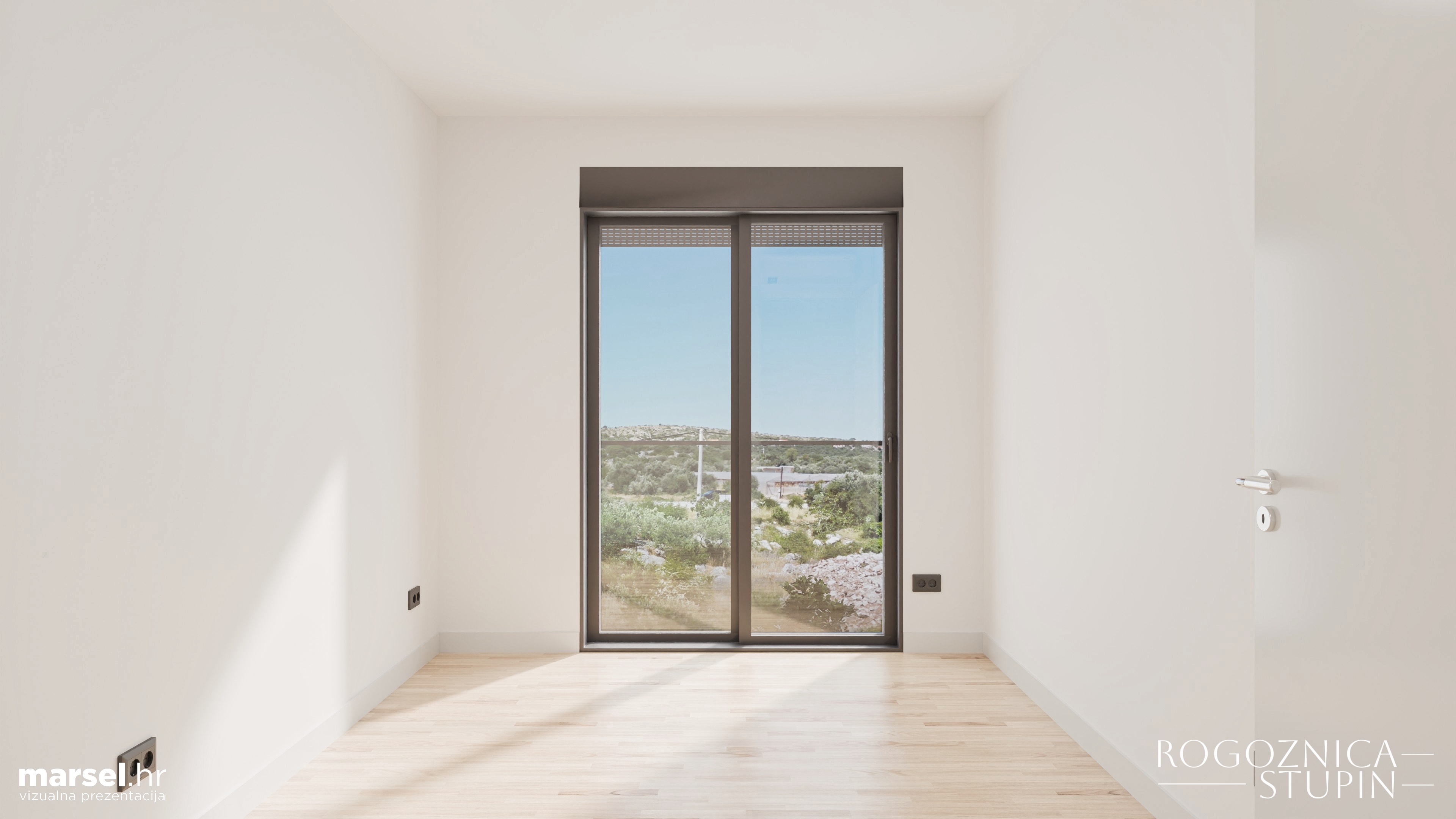 Vizualizacija interijera apartmana u novogradnji Rogoznica Stupin. Prostrani i svijetli unutarnji prostori s pogledom na more, idealni za stanovanje ili investiranje u apartman na dalmatinskoj obali.